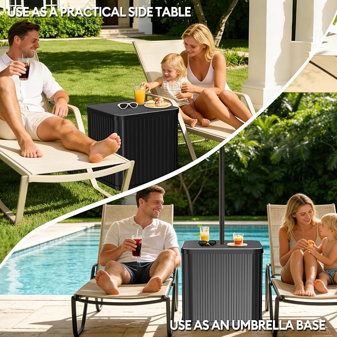 Umbrella Side Table - Hyperzoo Outdoor Patio Table with Umbrella Hole, Heavy Duty Plastic Poolside Table Holds 132 lbs with Water Filled Base, Fits ≤1.5”Umbrella Pole for Poolside & Backyard, Black