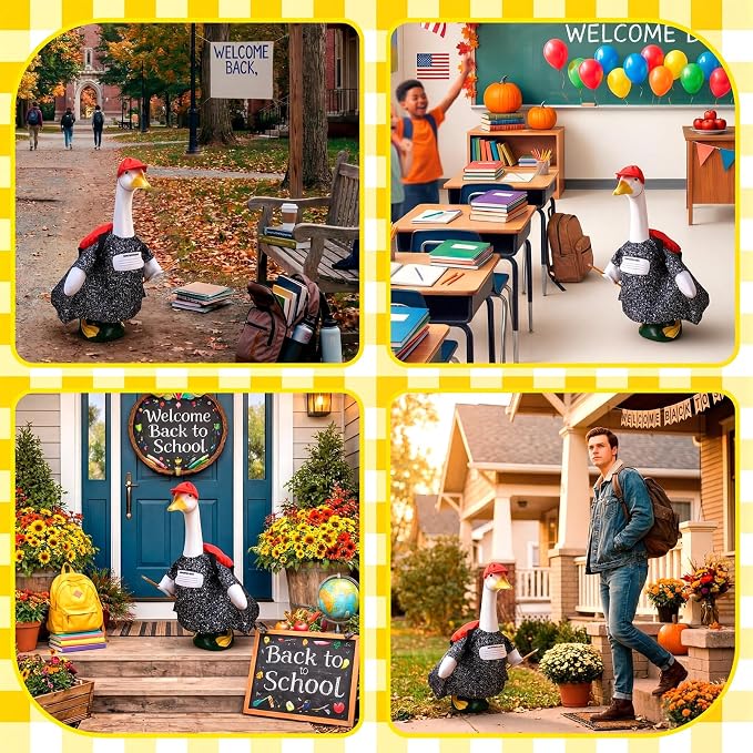 Back to School Porch Goose Outfit First Day of School Composition Notebook Goose Clothes Dress with Red Hat Backpack Pencil Geese Costume for 17-23 Inch Geese Statue Lawn Outdoor Patio Decor