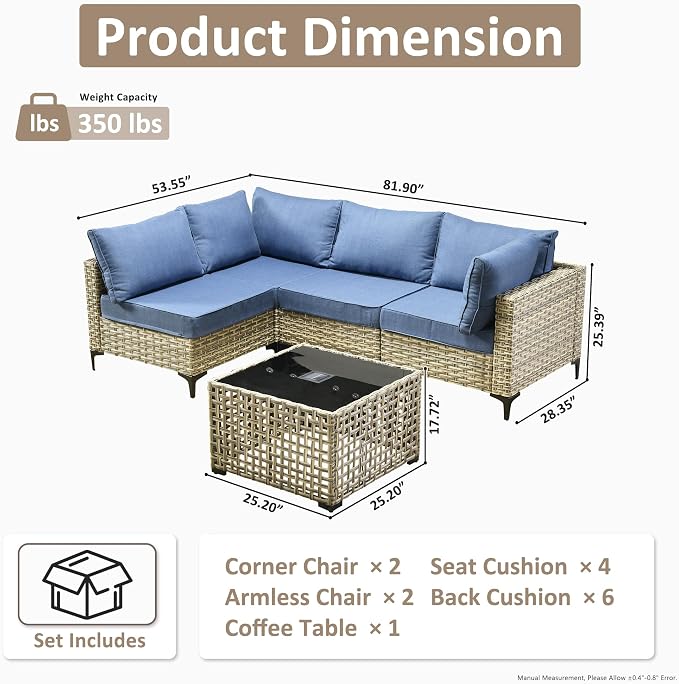 Outdoor Sectional Patio Furniture Set,5 Pieces Rattan Wicker Conversation Sets L Shaped Couch,Outside Furniture with Glowing Coffee Table,Denim Blue