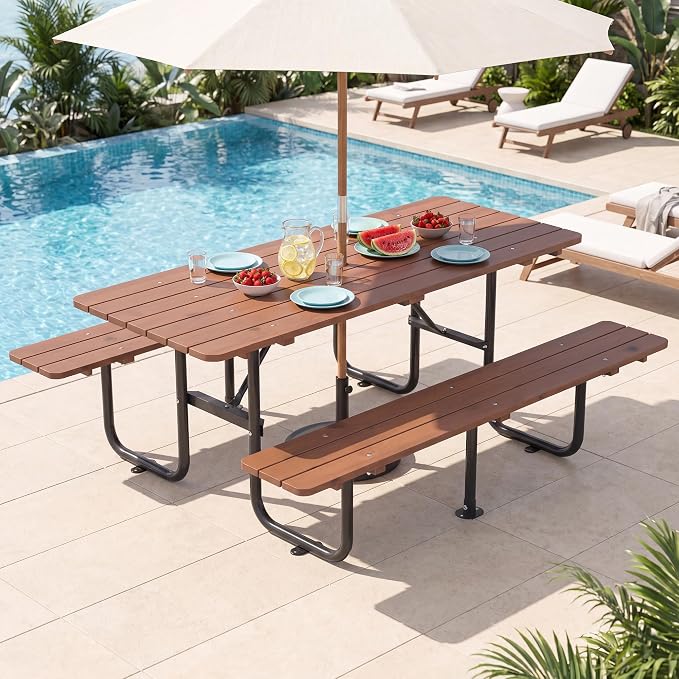 72 Inch Rectangular Outdoor Picnic Table for 6 Person, Heavy Duty Wooden Dining Set with Built-in Benches, 1.97 Inch Umbrella Hole, Waterproof and Corrosion Resistant