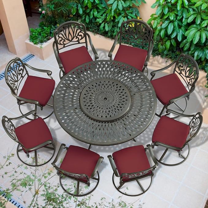 VIVIJASON 9-Piece Patio Dining Set, Rust-Free Cast Aluminum Outdoor Conversation Set, Includes 8 Swivel Dining Chairs & 61" Round Dining Table with 31" Lazy Susan, Umbrella Hole, Red