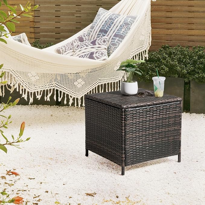 Patio Rattan End Table Square Container Outdoor PE Wicker Side Table with Storage for Furniture Covers Toys and Gardening Tools,Brown