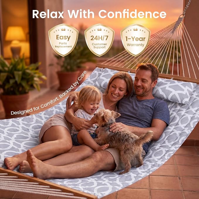 Everyfun Double Hammock with Spreader Bar - 2 Person Patio Hammock, 500 lbs Capacity, Soft Pillow & Carry Bag, Flat Wide Bed, Portable Quilted Hammock for Outdoor Camping Backyard Garden,White Gray