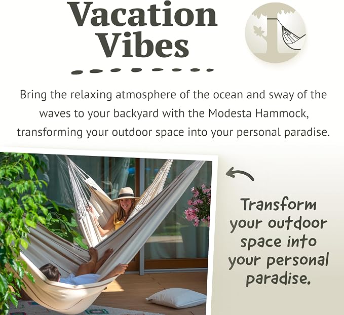 LA SIESTA Modesta Organic Cotton Hammock - Indoor/Outdoor, Bedroom to Backyard, 2 Person, Max 355 Lbs, Nougat