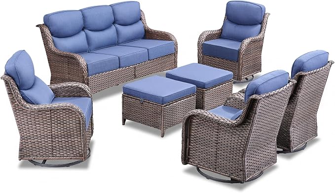 Luxury 10 Pieces Patio Furniture Set, Wicker Swivel Rocker Patio Chairs with 6" Thick Cushion, Outdoor Wicker Sofa with Coffee Table, All Weather Outdoor Conversation for Garden Porch(Grey/Blue)