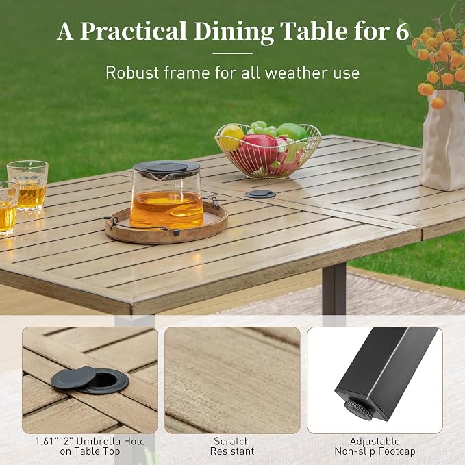 SUNSHINE VALLEY 60" Patio Dining Table for 6,Teak Color Rectangle Patio Table with Umbrella Hole,E-Coating and Powder Coating Steel Frame Metal Outdoor Patio Table for Garden Backyard Lawn Yard