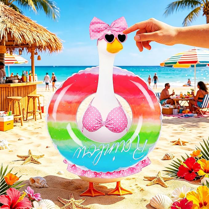 23 in Porch Goose Summer Outfit Bikini, Hawaiian Porch Goose Swimsuit Clothes Costume Accessories with Bow Glasses Swim Ring for 23" Summer Goose Garden Patio Statue Decor (Pink)