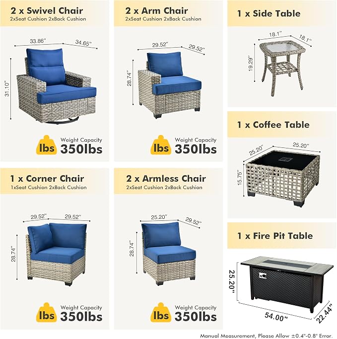 HOOOWOOO Sectional Patio Furniture Set with Fire Pit Table,10 Pieces Wicker Outdoor Furniture L Shaped Couch,Outside Conversation Set Extra Deep Seat Sofa Wide Arm Swivel Chairs Solar Table,Navy Blue