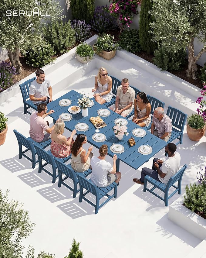 SERWALL 10-Piece Patio Dining Sets with 15FT Patio Umbrella, Blue | 60" - 83" Expandable Outdoor Dining Table and 8 HDPE Chairs, All Weather HDPE Outdoor Furniture Set