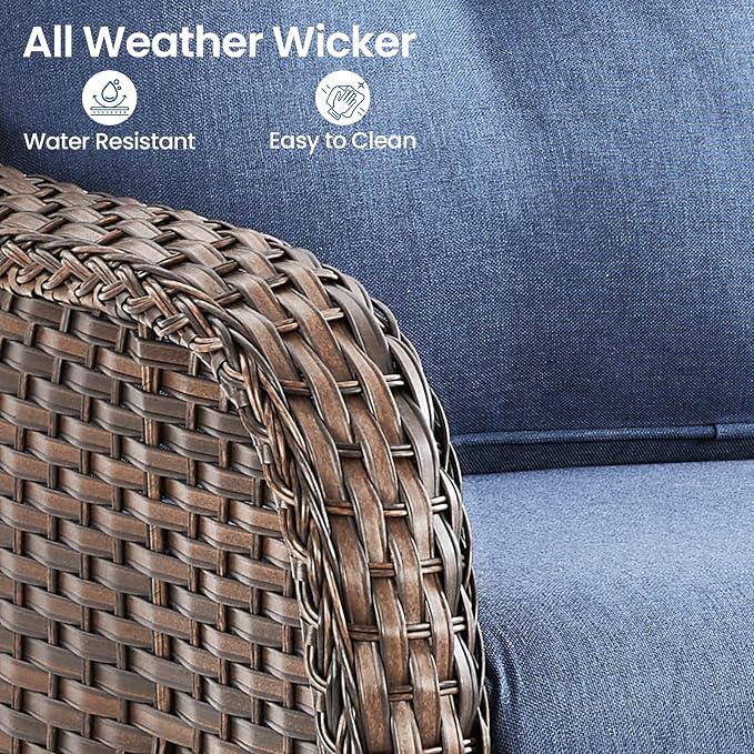 Patio Loveseat Sofa, Outdoor Wicker Loveseat with Luxury Thick Cushion, All-Weather Patio Furniture Set, Outdoor Glider Bench for Garden Balcony Backyard(Brown Wicker/Blue Cushion)