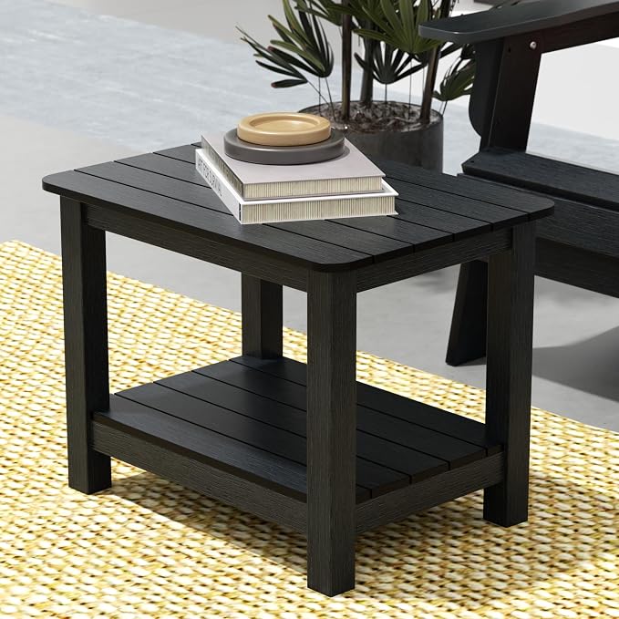 WestinTrends Tuscany Outdoor Side Table, All Weather HIPS 2 Tier Adirondack Small Patio Table with Storage, Black