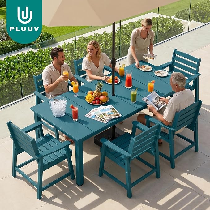 PLUUV 7-Piece Outdoor Patio Dining Set, All-Weather HDPE Dining Furniture Set with Umbrella Hole Cut-Out Table, Aluminum Table Legs, 6 Chairs, Waterproof & Easy Clean for Backyard, Garden, Navy Blue