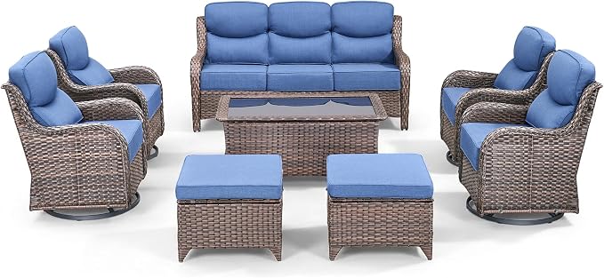 Luxury 8 Pieces Outdoor Patio Furniture Set-All Weather Wicker Swivel Rocker Patio Chairs with 6" Thick Cushion Rattan Sofa Coffee Table, Outdoor Conversation for Garden Porch Backyard(Brown/Blue)