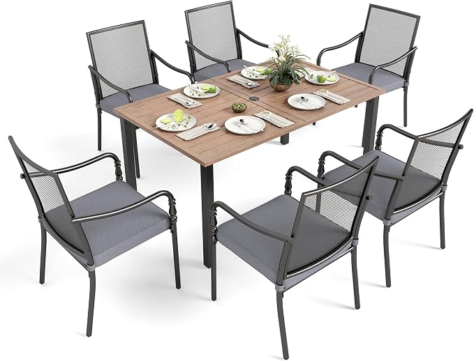MIXPATIO 7 Pieces Outdoor Patio Dining Set for 6,Outdoor Metal Furniture Dining Set, 6 Metal Chairs with Thickened Cushions, 60" Rectangle Table for Garden Backyard with 1.57" Umbrella Hole