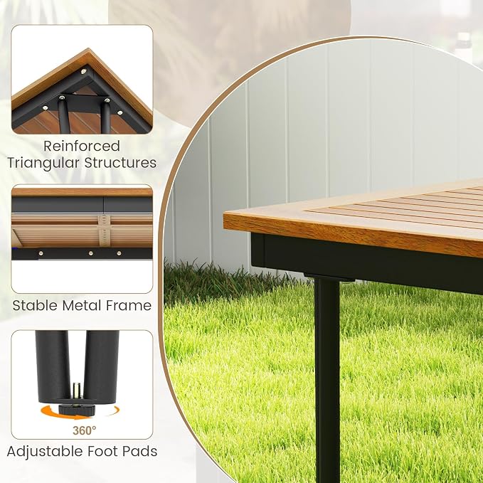 HAPPYGRILL Patio Dining Table for 8, 79" Rectangle Table with Acacia Wood Tabletop & Heavy Duty Metal Frame, Outdoor Dining Table with 2" Umbrella Hole for Backyard, Lawn & Garden