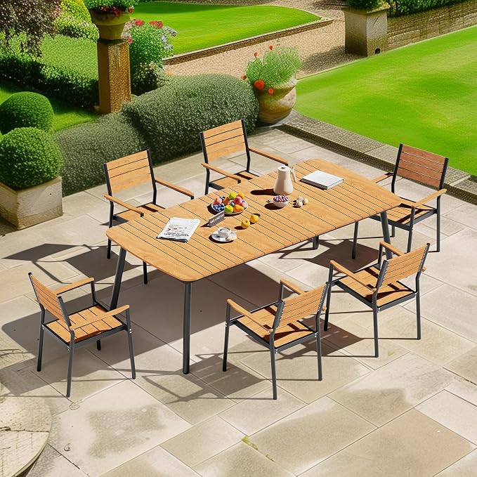 93" Outdoor Dining Table for 10 Brown Patio Dining Table with Umbrella Hole Rectangle Dining Table with Aluminum Frame and Waterproof Wood Grain Tabletop for Lawn Backyard Garden Poolside