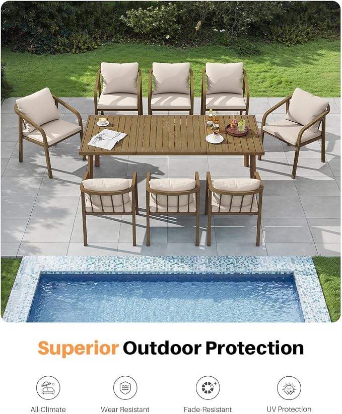 9 Pieces Never-Rust Aluminium Outdoor Dining Set, Patio Table and Chairs for 8, Patio Dining Set with Rectangle Table, Outdoor Dining Chairs with Removable Cushions for Deck, Backyard, Teak