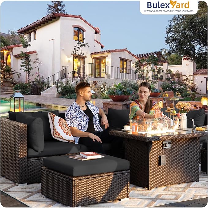 BULEXYARD 9 Piece Highback Patio Furniture Set with Fire Pit Table, Modern Modular Outdoor Sectional Couch Sofa with Ottoman, 8-Person Backyard Seating for Outside, Deck, Brown Wicker & Black Cushion