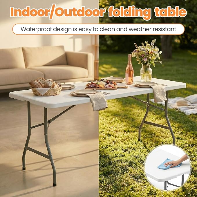 8 FT Heavy Duty Folding Table, Portable Plastic Table with Steel Legs & Carry Handle, Fold-in-Half Design for Indoor Outdoor, Party, Picnic, Camping, Dining (White)