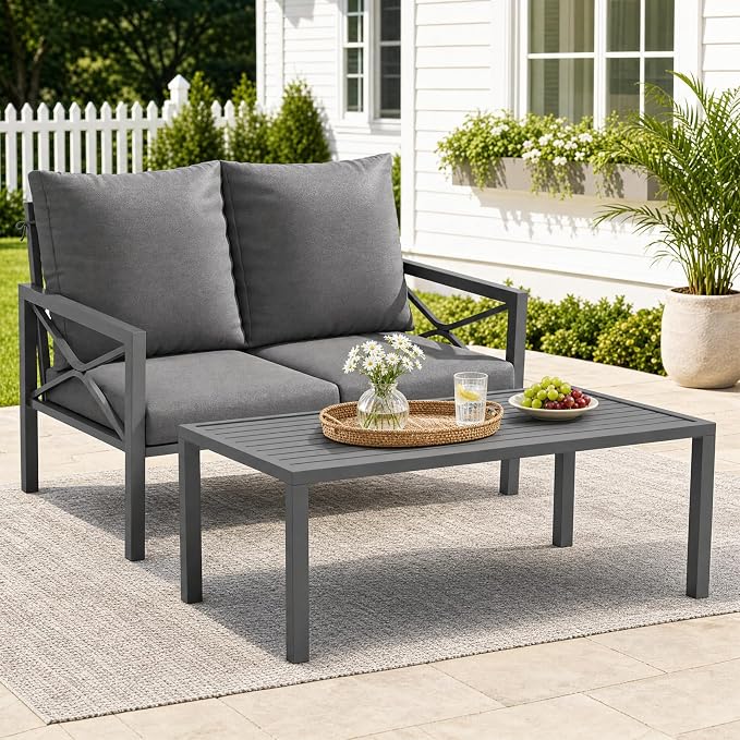 2-Piece All-Weather Metal Patio Furniture Set, Cushioned Loveseat 2 Seats Sofa Bench w/Coffee Table, Heavy Duty Steel Frame & Washable Cushions for Backyard Garden (Grey)