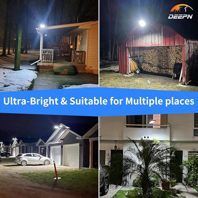 Deepn Solar Lights Outdoor, IP66 Waterproof Street Lights Outdoor, TW001 | 6500K Dusk to Dawn Solar Security Flood Lights Motion Sensor with Remote Control for Yard, Entryway Garage, Porch 2 Pack