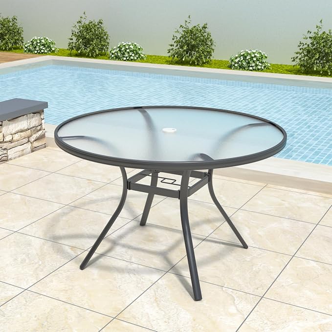 Anmutig 5-Piece Outdoor Patio Dining Set, 40" Round Glass Table with 4 Swivel Rocking Patio Chairs Furniture Set for Kitchen Garden, Backyard, Blue
