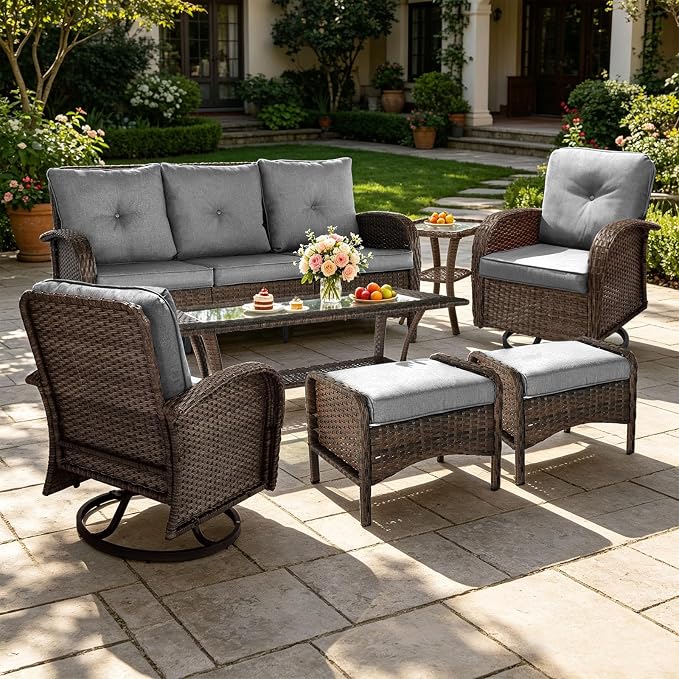 All Weather Patio Furniture Set, High Back Swivel Rocker Glider Chairs,Ottomans & Glass Tables, Outdoor Conversation Set for Deck Porch Yard Poolside (Grey, 7PCS-Sofa&Swivel Chairs&Ottomans&Tables)