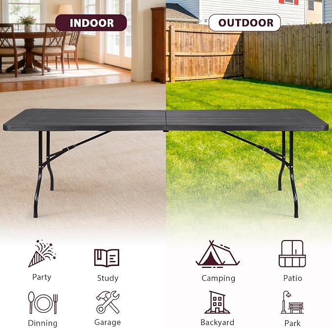 ZenStyle Indoor Outdoor Heavy Duty Plastic Folding Table Portable Picnic Table Fold-in-Half Utility Table w/Handle and Steel Legs for Camping, Dining, Party (Black, 8ft)
