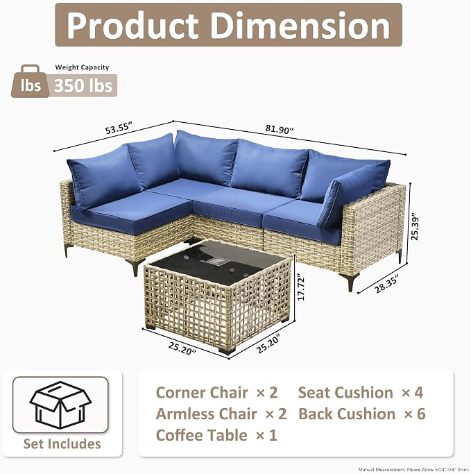 Outdoor Sectional Patio Furniture Set,5 Pieces Rattan Wicker Conversation Sets L Shaped Couch,Outside Furniture with Glowing Coffee Table,Navy Blue