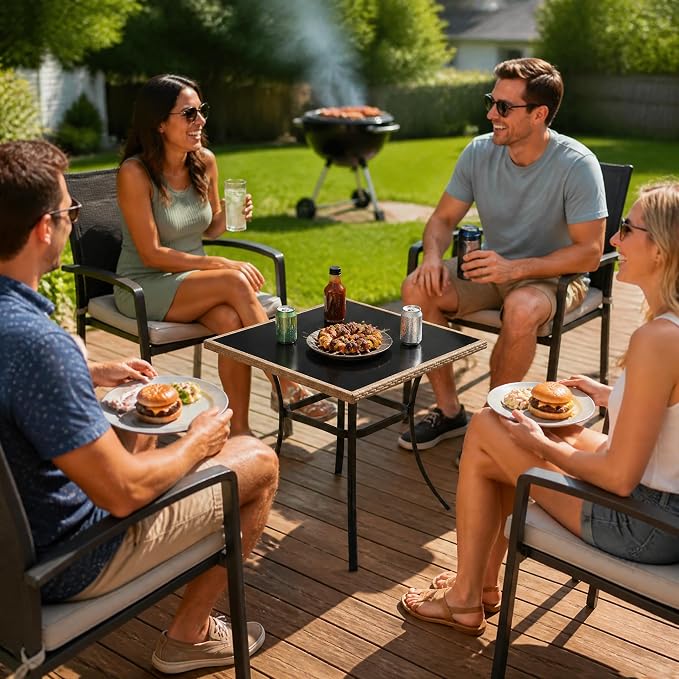 AECOJOY Outdoor Patio Dinning Table for 4, 35.2" Square Rattan Patio Outdoors Tables with Glass Tabletop Rectangular Metal Frame All Weather-Resistant Dining Desk for Lawn Backyard Garden Porch