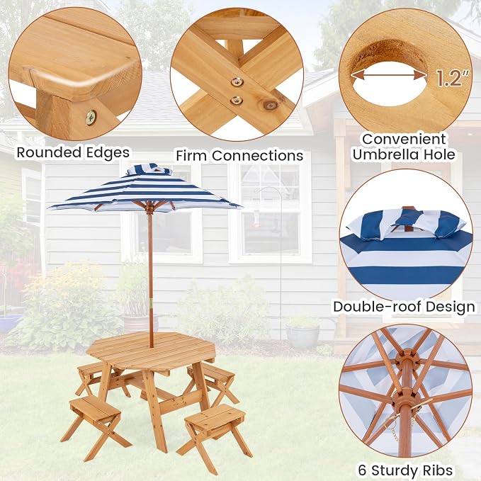 KOTEK Kids Picnic Table, Fir Wood Foldable Toddler Octagon Table and Chairs with Height Adjustable Umbrella, Indoor Children Art Play Table, Activity Kids Outdoor Table for Backyard & Patio (Natural)