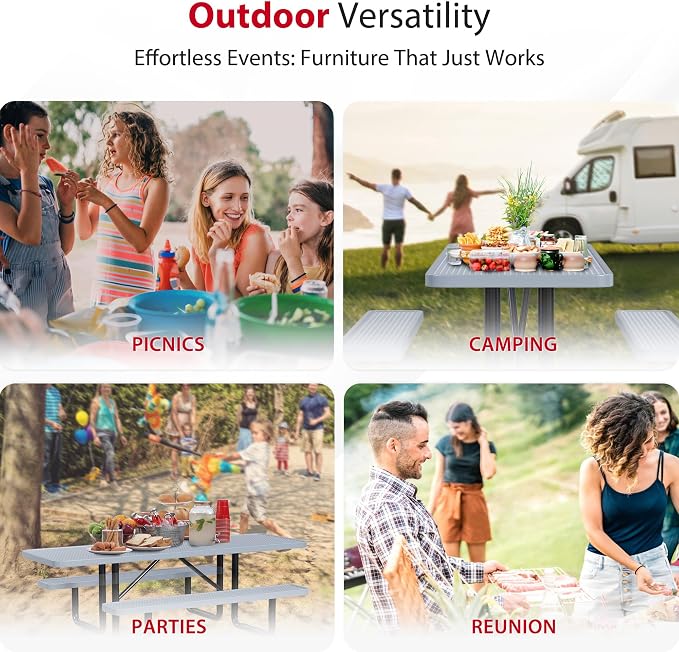 Leisure Craft Metal Picnic Table with Bench - 8 ft Rectangle Outdoor Dining Table with Umbrella Hole, Heavy Duty Thermoplastic Coating, ADA Compliant, Commercial Grade Furniture Made in USA - Gray