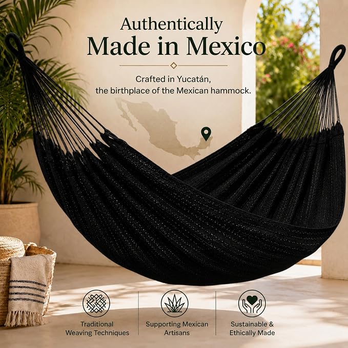 Hammock for 1-2 Person, 475 lbs Capacity – Handwoven Mexican Hammock, 100% Soft Cotton – 9.8 ft Mayan Hammock for Patio, Backyard, Indoor & Camping – Medium, Black