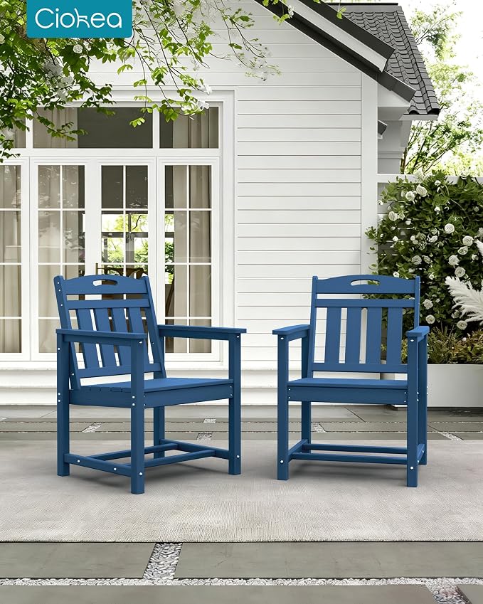 Ciokea HDPE Outdoor Patio Dining Chairs Set of 2, All-Weather Porch Chair with Wide Seat, Durable Outdoor Furniture for Backyard, Garden, Lawn & Poolside, Navy Blue