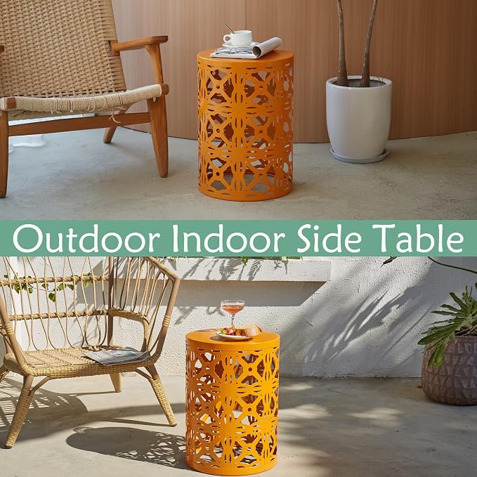 Y&M Outdoor Side Tables Set of 3, Metal Stacking Patio Side Tables for Outside, Round Indoor End Tables, Decorative Garden Stool Plant Stand for Patio Garden Balcony Porch, Orange