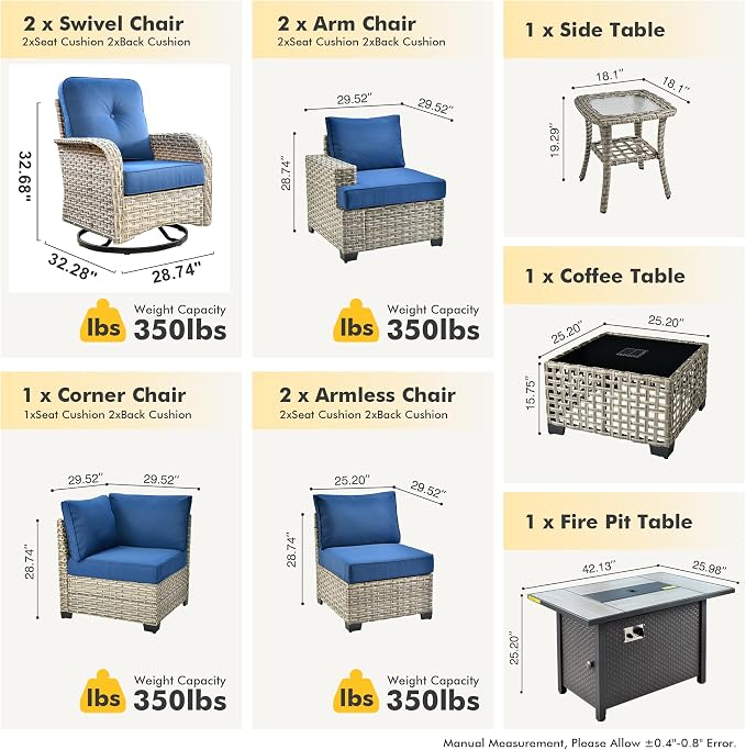 HOOOWOOO Sectional Patio Furniture Set with Fire Pit Table,10 Pieces Wicker Outdoor Furniture L Shaped Couch,Outside Conversation Set Extra Deep Seat Sofa Wide Arm Swivel Chairs Solar Table,Navy Blue