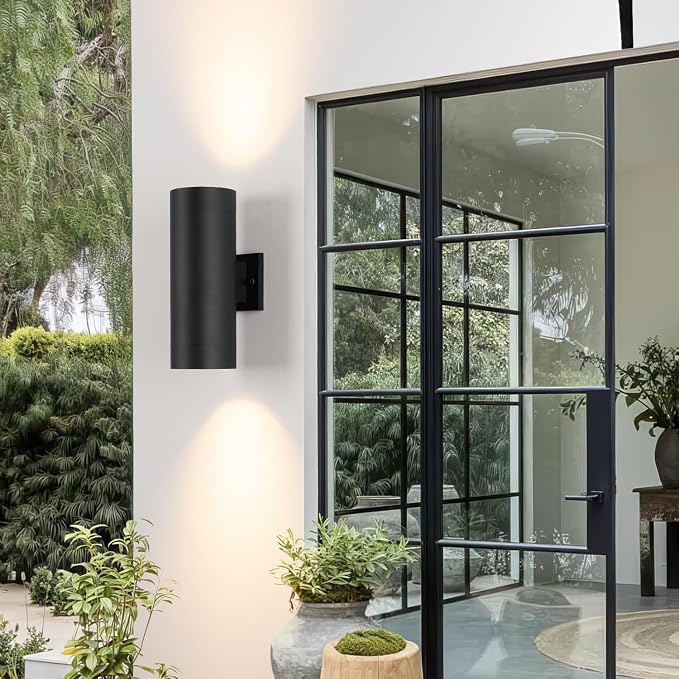 mirrea 14" Modern Outdoor Porch Light in 2 Lights, Matte Black, 2 Pack | Aluminum cylinder exterior fixtures, tempered glass cover, waterproof wall sconce & patio light for outdoor use.