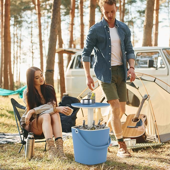 EasyUp Outdoor Cooler Table, 4 Gallon, Portable, with Handle, Bottle Opener, Lift Top Lid, 3-in-1 Ice Cooler, Cocktail Patio Table for Camping, Picnic, Beach, Poolside (Blue)