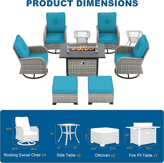 9-Piece Small Patio Furniture Set, Outdoor Swivel Rocking Chairs Set with 55,000 BTU Fire Pit Table Wicker Chairs and Ottomans, Patio Bistro Set for Balcony, Deck, Porch, Lake Blue