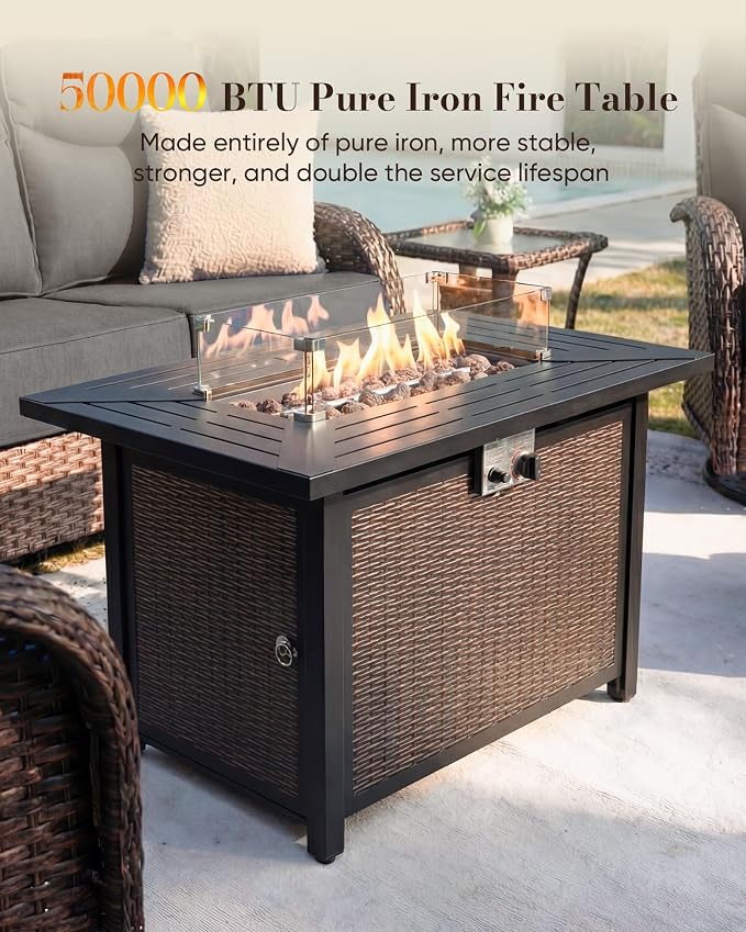 Belord Upgraded 6“ Cushion Luxury 10 Piece Patio Furniture Set with Fire Pit Table - Outdoor Couch & High Back Swivel Rocker Patio Chairs Set, Wicker Outdoor Furniture for Deck Porch Yard - Brown/Grey