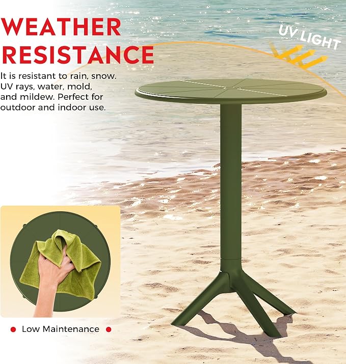 Costaelm Patio Table for 4-Person, Outdoor Patio PP Round Dining Table, All-Weather Bistro Dining Table for Backyard Deck Porch Poolside, Olive Green