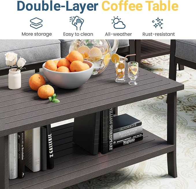 RoyalCraft Outdoor Patio Furniture Set, 9 Seats Outdoor Patio Set with 4" Thick Cushion, All-Weather Metal Patio Sofa with Coffee Table, Outdoor Sectional Furniture for Porch Backyard, Khaki&Grey
