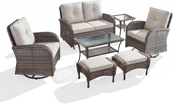 7 Piece Patio Furniture Set - Wicker Patio Conversation Set with Swivel Glider, Loveseat Bench, 2 Ottomans, Glass Side Table and Coffee Table for Deck Backyard - Brown Wicker Beige Cushion