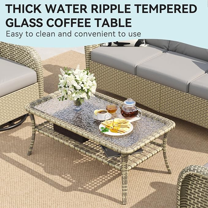 LazySunsets Outdoor Coffee Table with Storage Wicker Patio Coffee Table, Tempered Glass Top Table for Patio Outside Balcony Porch Deck, Yellow