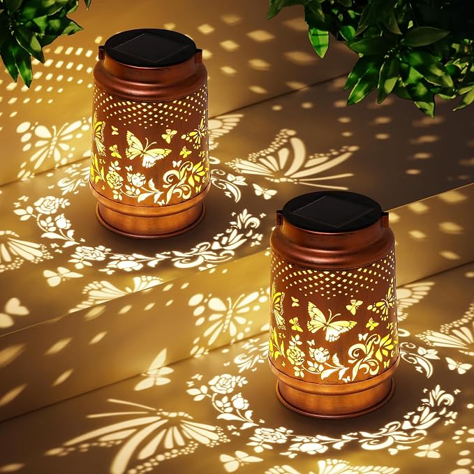 Solar Lanterns Outdoor Waterproof Butterfly Garden Decor Birthday Gifts for Women Mom Grandma, Hanging Solar Lights Metal Lantern Decoration Outside for Yard, Patio, Backyard, Porch