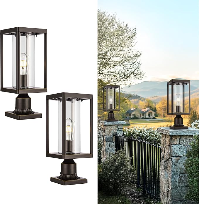 Beionxii Outdoor Post Lights, 20in Post Lantern with Pier Mount Base, Aluminum Street Lights with Glass, Fence Post Deck Lighting for Garden, Patio, Pathway, BXA291-P-2PK-O (NOT Solar, 110-120V AC)