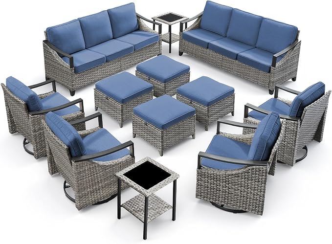 12 Piece Wicker Patio Furniture Sets-High Back Wicker Swivel Rocker Patio Chairs Set of 4 with Thick Cushions Ottomans, Outdoor Sofa, Patio Conversation Sets for Porch Balcony Patio Deck Grey/Blue