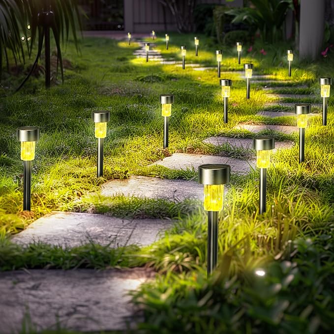 GIGALUMI 24 Pack Solar Lights Outdoor Waterproof, Stainless Steel | Solar Pathway Lights, Solar Garden Lights for Patio, Lawn, Yard and Landscape LED (Warm White)