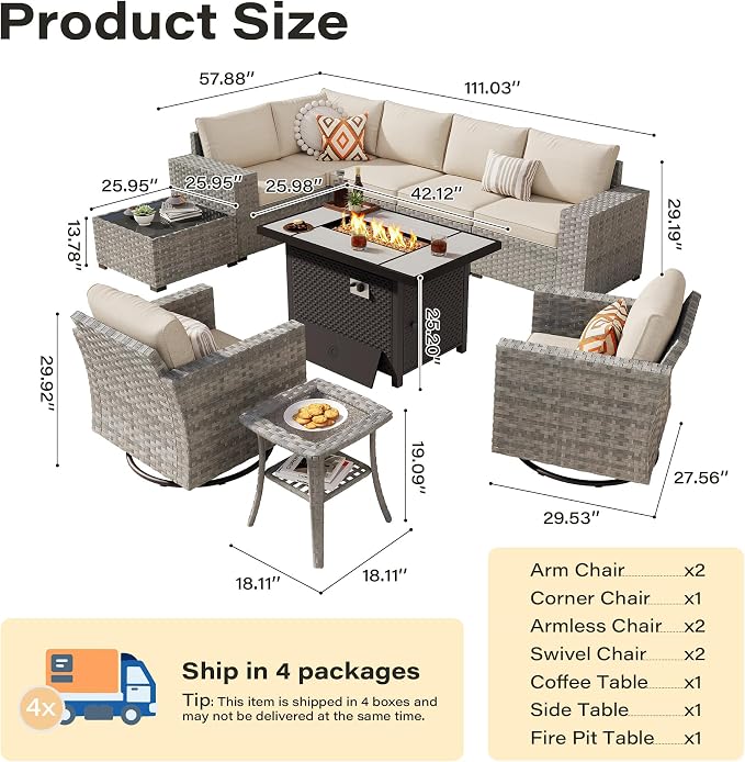 10 Pieces Outdoor Patio Sectional, Wicker Patio Furniture Set with 42 inch Fire Pit Table, All-Weather L Shaped Patio Conversation Set with Swivel Chairs, for Backyard Porch Yard,Beige