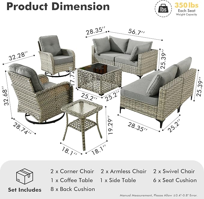 8 Pieces Wicker Patio Furniture Set,Outdoor Sectional Sofa with Swivel Chairs Coffee Table,Outside Deep Seat Rattan Couch Conversation Set,Dark Grey